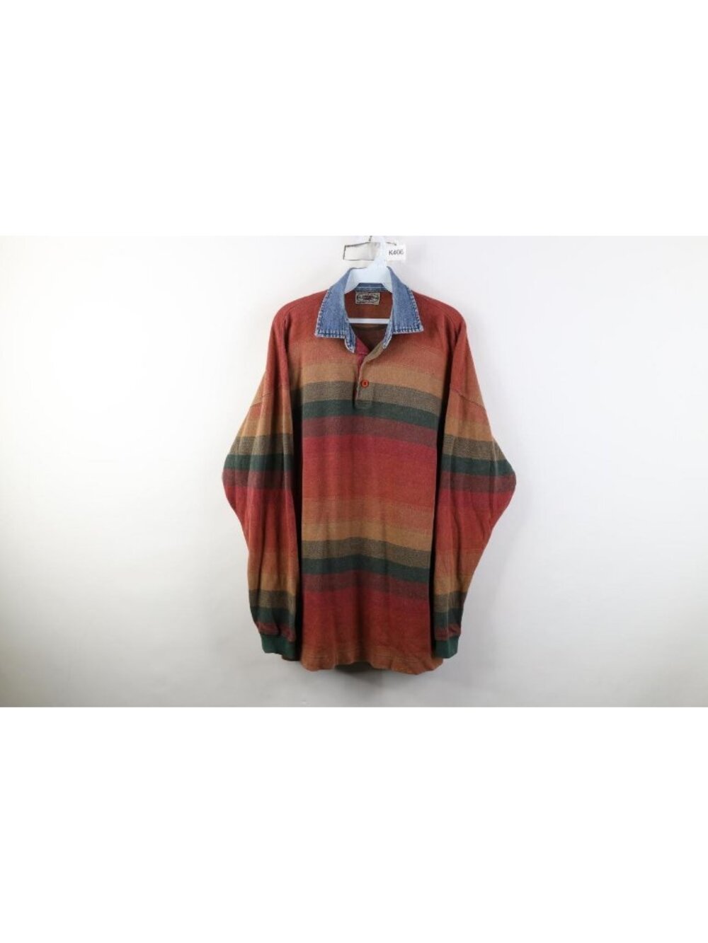 Vtg 90s Streetwear Mens L Baggy Rainbow Striped Denim Collar Long Sleeve Polo